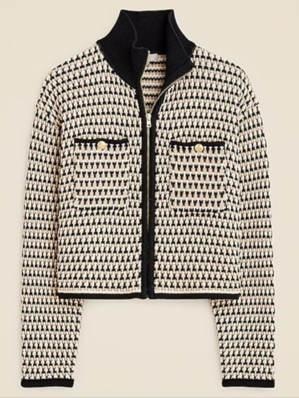 J. Crew Jacquard Knit Sweater Zip-Up Crest Button Ribbed Collar Houndstooth Patt